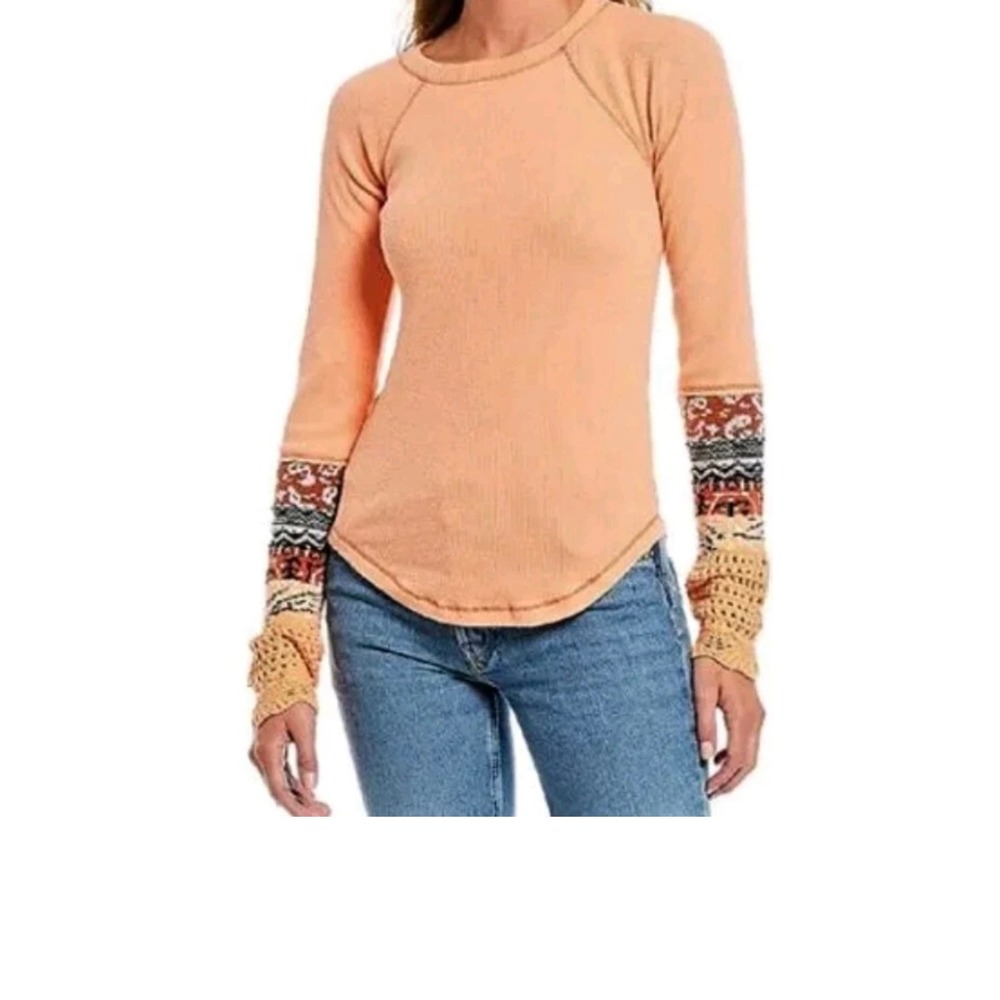 Free People We The Free Orange Thermal Top Crochet Mixed‎ Media Cuffs Medium